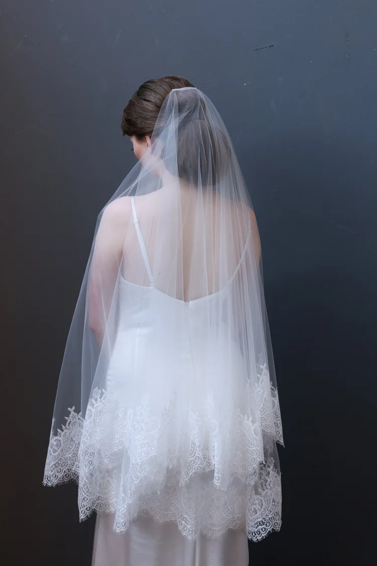 French lace trimmed two tier fold over Whisper bridal veil by